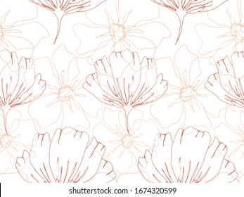 Flores delicadas dibujadas a mano sin fisuras con flores. Elegante textura floral interminable, boceto de tinta arte. Ilustración vectorial para invitaciones de boda, papel pintado, textil, papel envolvente