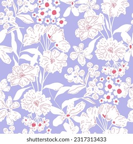 Textura floral blanca y lila delicada dibujada a mano. Flores florecientes sin costura. Perfecto para tela, textil, papel envolvente. Ilustración del vector