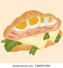 Trazado a mano delicioso bacon Ham y Egg croissant francés 