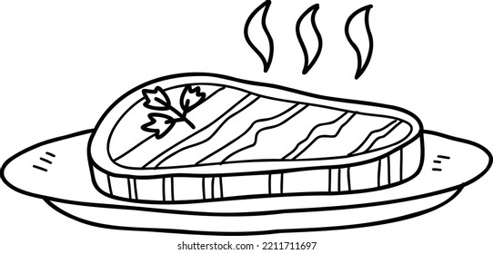 Hand Drawn Delicious Beef Steak On A Plate Illustration Isolated On Background