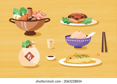 Hand drawn delicious Chinese gourmet collection, including hotpot, dongpo pork, chicken soup, fish and buddha's temptation