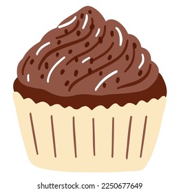 Hand drawn delicious chocolate cupcake in cartoon style. Vector illustration of sweets, dessert, pastries