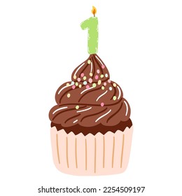 Hand drawn delicious chocolate cupcake with a burning candle number one. Vector illustration of sweets, dessert, pastries for birthday, anniversary, party.