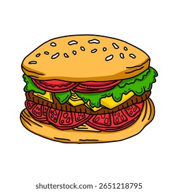 Hand drawn delicious classic burger vector illustration. Vegetarian dishes, white background, delicious fast food