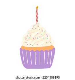 Hand drawn delicious cupcake with a burning candle in cartoon style. Vector illustration of sweets, dessert, pastries for birthday, anniversary, party