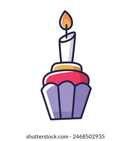 Handgezeichneter leckerer Cupcake mit brennender Kerze im Cartoon-Stil.