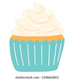 Hand drawn delicious cupcake in cartoon style. Vector illustration of sweets, dessert, pastries