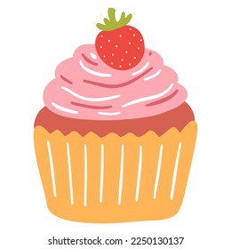 Hand drawn delicious cupcake in cartoon style. Vector illustration of sweets, dessert, pastries