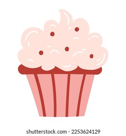 Hand drawn delicious cupcake in cartoon style. Vector illustration of sweets, dessert, pastries.