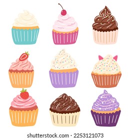 Hand drawn delicious cupcakes in cartoon style. Vector illustration of sweets, dessert, pastries.