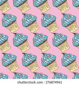 Hand drawn delicious cupcakes vector pattern background