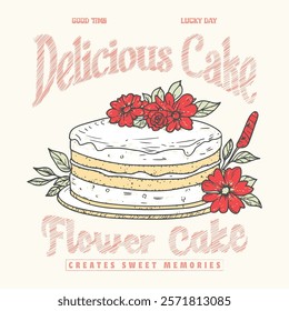 Hand drawn Delicious Flower cake graphics vector art. create sweet memories. rose cake. Fruit vanilla cake graphic print design for t shirt, women's fashion design. text prints. girl graphics