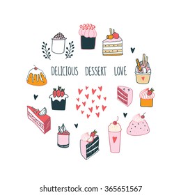 Hand drawn delicious food dessert collection Milkshake Cake Pudding Cupcake Food