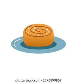 A hand drawn delicious fresh and sweet cinnamon bun on a plate.  Food, pastry or baked desserts theme. Vector illustration in flat style isolated on white background.