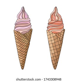 Hand drawn delicious ice cream in a waffle cone on white isolated background. Summer doodle food objects. Suitable for menu design, card, banner, poster, cover.