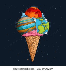 Hand drawn delicious ice cream cone with solar system planets as flavors, earth, Jupiter and Mars planets on top of ice cream cone