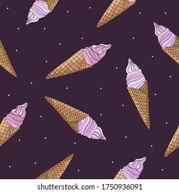 Hand drawn delicious ice creams in a waffle cone with light pink dots on dark purple background. Seamless tasty summer food pattern. Suitable for menu design, textile, packaging.