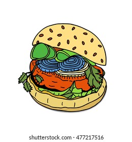 Hand drawn Delicious juicy burger. Sketch vector illustration