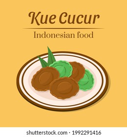 Hand drawn delicious kue cucur or cucur cake traditional indonesian food thick in the middle and thin at the edges made from rice flour, flour and brown or palm sugar and pandan paste vector design
