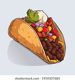 Hand drawn of delicious Mexican Taco with colorful shadows and light isolated on white background