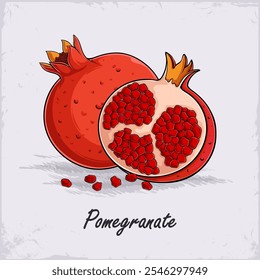 Hand drawn delicious organic fully and half cut garnet pomegranate, rich of vitamins good for health