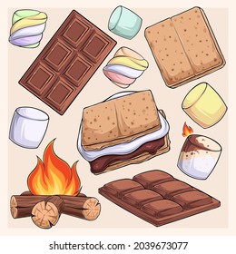 Hand drawn delicious s'more collection, marshmallows, cracker, chocolate barre and fire, s'more design elements