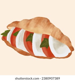 Hand drawn delicious Tomatoes and Mozzarella french croissant