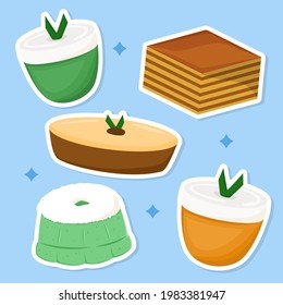 Hand drawn delicious traditional Indonesia cakes snacks kue talam lapis legit kue lumpur putu ayu sticker set collection vector design