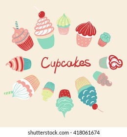 Hand drawn delicious yummy vector cupcakes