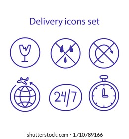 Hand Drawn delivery linear vector icons set. Doodle illustrations with a blue outline. Worldwide shipping, 24/7, fragile, do not wet, do not turn over, work time signs. Isolated on white background.