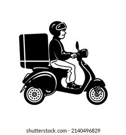 Handgezeichneter Lieferant, der Motorroller fährt. Kurier auf dem Motorrad mit Paketschachtel. Online-Zustelldienst. Schwarz-Weiß-Vektorgrafik einzeln auf weißem Hintergrund.