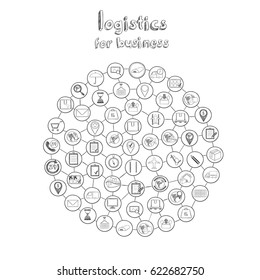 Hand drawn delivery round concept with business logistic elements and symbols isolated vector illustration