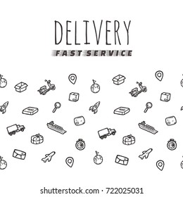 Hand drawn delivery service seamless background with space for company logo.