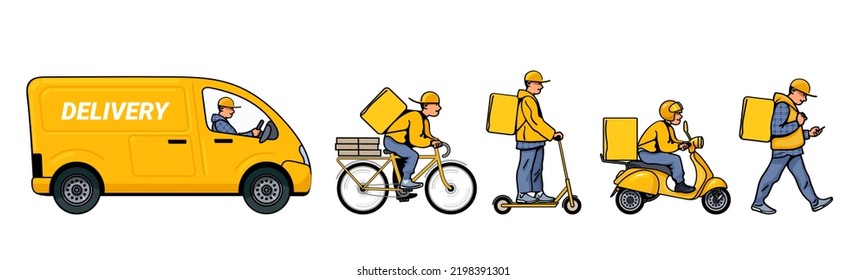 Hand drawn delivery service set in cartoon style. Couriers in yellow uniform walking, riding bicycle, electric scooter, motorbike, driving delivery truck. Vector illustration isolated on white.

