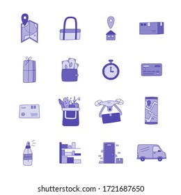 Hand Drawn Delivery Set Vector Monochromatic Color Icons  .Map, Bag, Location, Package, Box, Money, Wallet, Clock,bank Card,letter, Food, Drone With Parcel, Phone, Antiseptic, Warehouse, Truck, Door-illustrations