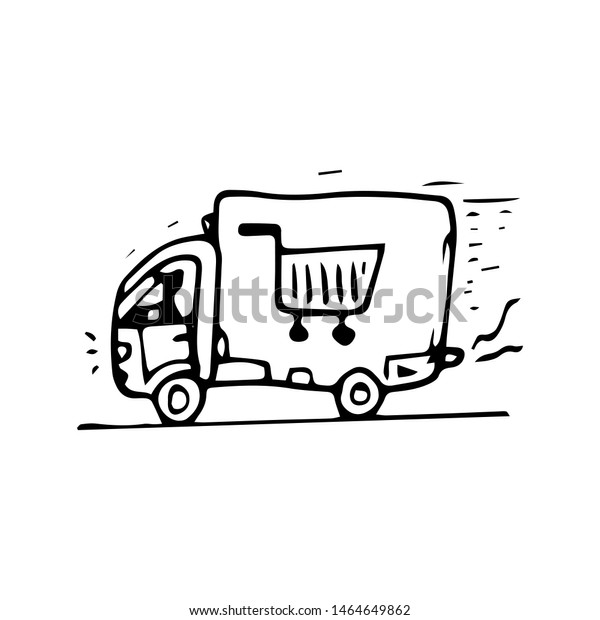 Hand Drawn delivery truck doodle. Sketch\
style icon. Decoration element. Isolated on white background. Flat\
design. Vector\
illustration.