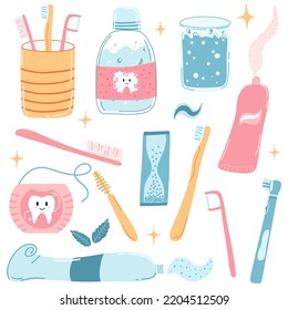 Hand drawn dental care items in cartoon flat style. Vector illustration of mouth wash, toothbrush, toothpaste tube, floss, interdental brush. Children oral hygiene, care, dentistry concept.