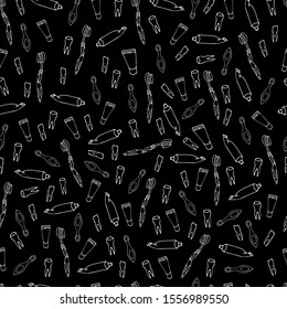 Hand drawn "Dental hygiene" seamless pattern. Toothbrushes, teeth, toothpaste. Vector illustration. EPS 10