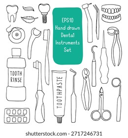 Instrumentos dentales dibujados a mano y juego de Vectores para el cuidado bucal. Arte de línea en blanco y negro con cepillo de dientes, pasta de dientes, herramientas dentales e implantes para la marca de la clínica y la educación sanitaria