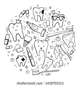 Hand drawn dental and orthodontic vector set: tooth with braces, implant, healthy tooth, irrigator, tooth brushes, paste, mouth wash, interdental and orthodontic brushes, interspace, dental floss.