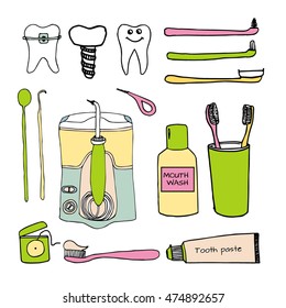 Hand drawn dental and orthodontic vector set:tooth with braces, implant, healthy tooth, irrigator, tooth brushes, tooth paste, mouth wash, interdental and orthodontic brush, interspace, dental floss. 