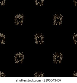 Hand drawn dental seamless pattern. Golden teeth on black background vector repeat design. Retro vintage dark boho style.