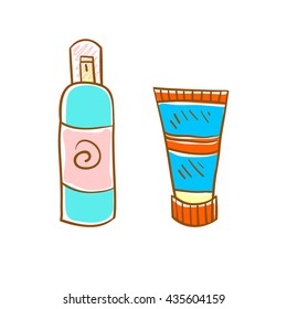 Hand drawn deodorant and body cream. Vector illustration of sunscreen, sunblock and personal antiperspirant. Skin care product. Deodorizer and skin care cream isolated on white.