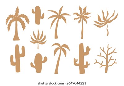 Silhueta Botânica Desenhada À Mão. Uma coleção de 11 silhuetas de plantas desenhadas à mão com palmeiras de cactos agave e árvores do deserto em formas orgânicas quentes. Perfeito para projetos de natureza com temas ecológicos