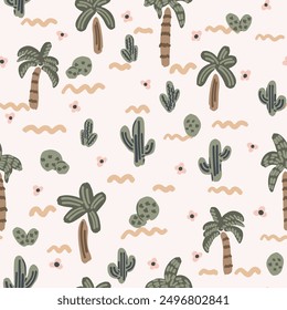 Hand drawn desert cactus and palms in a palette of forest green, sage green,brown and cream background. Great for homedecor,fabric,wallpaper,giftwrap,stationery,packaging design projects.