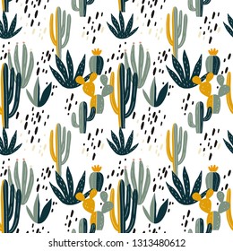 Hand drawn desert cactus vector seamless pattern.  Fresh summer vector print for home decor