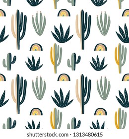 Hand drawn desert cactus vector seamless pattern.  Fresh summer vector print for home decor