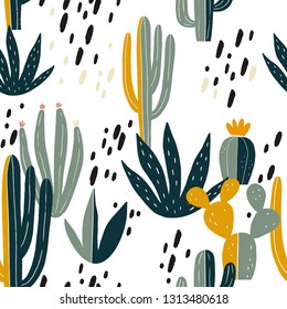 Hand drawn desert cactus vector seamless pattern.  Fresh summer vector print for home decor