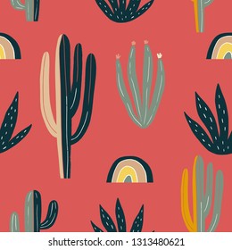 Hand Drawn Desert Cactus Vector Seamless Pattern.  Fresh Summer Vector Print For Home Decor