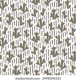 Hand drawn desert cactus with vertical lines forming a stripe pattern in a palette of forest green,sage green,pastel pink, black,off-white. Great for homedecor,fabric,wallpaper,giftwrap,stationery,pac